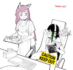 Rule 34 | 2girls, apron, black hair, blush, book, breasts, cake, caught, caution, caution tape, censored, chair, collarbone, english text, floppy disk, food, gaming chair, girls&#039; frontline, green hair, headphones, heavy breathing, highres, holding, holding book, holding magazine, holding tray, implied masturbation, keep out, keyboard, large breasts, leg up, limited palette, long hair, looking at another, looking to the side, m4a1 (girls&#039; frontline), magazine (object), medium hair, multicolored hair, multiple girls, off shoulder, open mouth, persica (girls&#039; frontline), pink hair, pornography, radish p, red eyes, short sleeves, simple background, sitting, sleeveless, speech bubble, standing, streaked hair, sweat, swivel chair, tissue box, tray, white background
