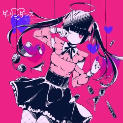 Rule 34 | 1girl, bendy straw, black footwear, black hair, black skirt, borrowed design, bow, bow bra, bra, unworn bra, can, candy, darling dance (vocaloid), detached sleeves, drinking straw, fishnet legwear, fishnets, food, frilled skirt, frills, hair bow, halo, hatsune miku, head tilt, heart, heart-shaped pupils, heart-shaped lollipop, highres, katorea, kneeling, lollipop, long sleeves, looking at viewer, original, parted lips, pill, pink bow, pink shirt, pink sleeves, purple background, red eyes, shaped lollipop, shirt, shoes, skirt, skirt hold, sleeveless, sleeveless shirt, smile, solo, song name, symbol-shaped pupils, twintails, underwear, vocaloid