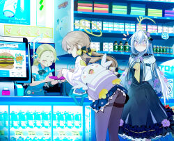Rule 34 | 3girls, angel wings, azusa (blue archive), backpack, bag, black pantyhose, blue archive, blush, burger, cash register, cashier, clip studio paint (medium), convenience store, display case, drink, energy drink, eudetenis, feathered wings, food, halo, hifumi (blue archive), highres, multiple girls, panties, pantyhose, pantyshot, peroro (blue archive), pizza, pizza slice, plastic bottle, shelf, shop, shopping, sora (blue archive), store clerk, underwear, upskirt, white wings, wings