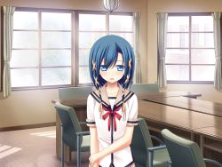 Rule 34 | 1girl, artist request, blue eyes, blue hair, blush, bow, building, chair, character request, collarbone, copyright request, curtains, female focus, game cg, hair ribbon, highres, indoors, looking at viewer, matching hair/eyes, neckerchief, official art, open mouth, plaid, plaid skirt, ribbon, sailor collar, school uniform, serafuku, short sleeves, shy, skirt, solo, source request, standing, table, tile floor, tiles, tree, upper body, window