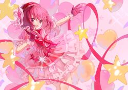 Rule 34 | 1girl, absurdres, arima kana, beret, bob cut, dress, duplicate, gloves, happy, hat, hat ribbon, highres, idol, idol clothes, inverted bob, open mouth, oshi no ko, pink dress, pink gloves, pink hat, pink ribbon, pixel-perfect duplicate, red eyes, red hair, ribbon, smile, solo, star (symbol), xiang yu pai