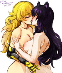Rule 34 | 2girls, artist name, black hair, blake belladonna, blonde hair, breasts, completely nude, dated, french kiss, kiss, large breasts, long hair, looking at another, mechanical arms, mina cream, multiple girls, nipples, nude, rwby, simple background, single mechanical arm, tongue, tongue out, white background, yang xiao long, yuri