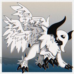 Rule 34 | 359yuyu, absol, claws, creatures (company), feathered wings, full body, game freak, gen 3 pokemon, horns, mega absol, mega pokemon, nintendo, no humans, pokemon, pokemon (creature), red eyes, solo, standing, veins, white hair, wings