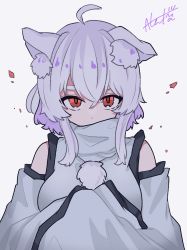 Rule 34 | 1girl, ahoge, akuta neko, animal ear fluff, animal ears, arms under breasts, bare shoulders, breasts, commentary request, covered mouth, detached sleeves, eyebrows hidden by hair, hair between eyes, hands up, highres, inubashiri momiji, large breasts, long sleeves, looking at viewer, no headwear, one-hour drawing challenge, pom pom (clothes), red eyes, shirt, short hair, sidelocks, signature, silver hair, simple background, sleeves past fingers, sleeves past wrists, solo, thick eyebrows, touhou, turtleneck, upper body, white background, white shirt, wolf ears