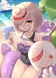Rule 34 | 1girl, 2023, 20s, bare shoulders, beach, blush, collarbone, day, female focus, food, highres, ice cream, looking at viewer, medium hair, mrrollingcircle, navel, ocean, one-piece swimsuit, one eye covered, orange eyes, outdoors, sage (sonic), sand, sitting, sky, solo, sonic (series), sonic frontiers, sunlight, sweatdrop, swimsuit, thick thighs, thighs, water, white hair