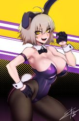 Rule 34 | 1girl, :d, ahoge, animal ears, armband, bare shoulders, black pantyhose, blush, bow, bowtie, breasts, cleavage, contrapposto, covered navel, cowboy shot, dated, detached collar, fake animal ears, fate/grand order, fate (series), gloves, hair between eyes, hairband, half gloves, halftone, halftone background, hand on own hip, highres, j.k., jeanne d&#039;arc (fate), jeanne d&#039;arc alter (avenger) (fate), jeanne d&#039;arc alter (fate), large breasts, leotard, light brown hair, open mouth, pantyhose, playboy bunny, purple gloves, rabbit ears, rabbit tail, short hair, smile, solo, sweatdrop, tail, wrist cuffs, yellow eyes