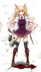 Rule 34 | 1girl, animal ears, blonde hair, blood, boots, dripping, empty eyes, flying paper, fox ears, glycyrrhizae, highres, knife, long hair, looking at viewer, necktie, original, paper, plaid, plaid skirt, red eyes, ribbon, skirt, smile, solo, standing, stuffed animal, stuffed rabbit, stuffed toy, thighhighs, white background, yandere