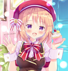 Rule 34 | 1girl, :d, artist name, beret, bitter crown, black vest, blush, bow, breasts, brown hair, cherry, collared shirt, commentary request, cupcake, door, dress shirt, food, fruit, gochuumon wa usagi desu ka?, hair between eyes, hands up, hat, holding, holding food, hoto cocoa, indoors, medium breasts, open mouth, purple eyes, red bow, red hat, shirt, smile, solo, star (symbol), striped, striped bow, upper body, vest, wafer stick, white shirt, wrist cuffs
