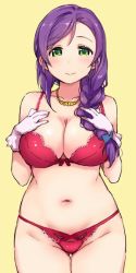 Rule 34 | 1girl, bra, braid, breasts, cleavage, closed mouth, cowboy shot, duke (inu daimyou), gloves, green eyes, hair over shoulder, hands on own chest, jewelry, large breasts, long hair, looking at viewer, love live!, love live! school idol project, necklace, panties, purple hair, red bra, red panties, simple background, single braid, smile, solo, thigh gap, tojo nozomi, underwear, underwear only, white gloves, yellow background
