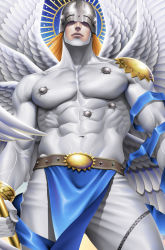 Rule 34 | abs, angel wings, angemon, bara, belt, biceps, covered eyes, digimon, digimon (creature), digimon adventure, halo, helmet, large pectorals, long hair, male focus, manly, muscular, muscular male, orange hair, pectorals, sinichi okazaki, solo, tight clothes, veins, wings