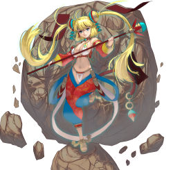 Rule 34 | 1girl, blonde hair, blue eyes, breasts, detached sleeves, full body, hair ornament, highres, journey to the west, kouno (masao), large breasts, long hair, looking at viewer, midriff, navel, original, rock, smile, solo, staff, standing, standing on one leg, sun wukong, toeless footwear, twintails, very long hair, white background