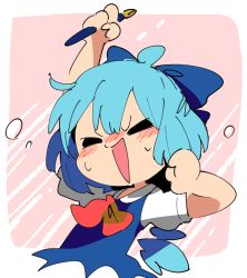 Rule 34 | 1girl, arm up, ascot, blue bow, blue dress, blue hair, blush, bow, cirno, dress, closed eyes, holding, holding pen, ice, ice wings, moyazou (kitaguni moyashi seizoujo), no nose, open mouth, pen, short hair, short sleeves, solo, sweat, touhou, upper body, wings
