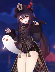 Rule 34 | 1girl, between legs, between thighs, brown hair, claw pose, closed eyes, genshin impact, ghost, ghost tail, hat, highres, hu tao (genshin impact), jewelry, long sleeves, looking at viewer, nanju bami, night, night sky, red eyes, ring, short shorts, shorts, sky, smile, sweatdrop, symbol-shaped pupils, tailcoat, thighs, top hat, twintails, wide sleeves
