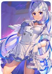 Rule 34 | 1girl, amane kanata, amane kanata (nurse), armband, bandaged arm, bandages, blue eyes, blue hair, breasts, closed mouth, colored inner hair, dress, finger to mouth, gloves, grey hair, hair ornament, hololive, kibanda gohan, long hair, looking at viewer, multicolored hair, pink hair, small breasts, smile, solo, twintails, very long hair, virtual youtuber, white dress, white gloves, x hair ornament