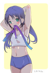 Rule 34 | 1girl, arms behind head, axley, blue hair, blue panties, bra, commentary request, cowboy shot, dated, green eyes, hair ribbon, kantai collection, long hair, mouth hold, panties, ribbon, solo, sports bra, standing, suzukaze (kancolle), underwear, underwear only, white bra