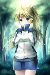 Rule 34 | 1girl, ahoge, blonde hair, blue eyes, blush, breath, covering own mouth, gym shorts, high ponytail, holding, jacket, long hair, lowres, mauve, odien (sword girls), shorts, solo, standing, sweater, sword girls, track jacket, turtleneck, very long hair, zipper