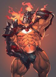 Rule 34 | 1boy, abs, armor, armpit hair, armpits, bara, bare pectorals, briefs, bulge, chest hair, chest harness, embers, facial hair, feet out of frame, fire, glowing, glowing eyes, harness, helmet, highres, large pectorals, male focus, male pubic hair, male underwear, manly, muscular, navel, navel hair, nipples, pauldrons, pectorals, pubic hair, red eyes, rybiok, short hair, shoulder armor, sideburns, solo, sparkle, surtr (housamo), thick thighs, thighs, tokyo houkago summoners, underwear