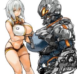 Rule 34 | 1girl, armor, black panties, borrowed character, breasts, character request, grey eyes, gun, helmet, highleg, highleg panties, holding, holding gun, holding weapon, large breasts, original, panties, perky breasts, power armor, sachito, short hair, silver hair, simple background, underboob, underwear, weapon, white background