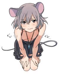 Rule 34 | 1girl, adapted costume, alternate costume, anger vein, animal ears, blush, breasts, downblouse, dress, extended downblouse, flat chest, from above, grey hair, jewelry, kneeling, looking at viewer, mouse ears, mouse tail, navel, nazrin, necklace, no bra, red eyes, short hair, simple background, sleeveless, solo, sweatdrop, tail, text focus, touhou, toujou (toujou ramen), trembling, white background