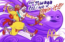 Rule 34 | 1boy, bow (weapon), clown, coca-cola, crossover, facepaint, facial hair, flat color, food, french fries, ghost, gloves, goatee, gourd, grimace (mcdonald&#039;s), hanzo (overwatch), jumping, mcdonald&#039;s, molly nemecek, muscular, overwatch, overwatch 1, partially fingerless gloves, product placement, quiver, red hair, red nose, ronald mcdonald, shouting, sideburns, single glove, single sleeve, socks, striped clothes, striped legwear, striped socks, tattoo, text focus, topknot, weapon, what