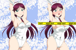 Rule 34 | 1girl, a-rise, areola slip, armpits, blush, breasts, caution tape, censored, censored nipples, cleavage, convenient censoring, covered navel, embarrassed, breasts, green eyes, keep out, leotard, long hair, love live!, love live! school idol project, medium breasts, mole, mole under eye, mr50iso, playboy bunny, purple hair, solo, tape censor, todo erena, wardrobe malfunction, white leotard