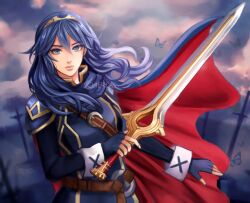 Rule 34 | 1girl, artist name, blue eyes, blue gloves, blue hair, bug, butterfly, cape, closed mouth, expressionless, falchion (fire emblem), fingerless gloves, fire emblem, fire emblem awakening, gloves, hair between eyes, highres, holding, holding sword, holding weapon, insect, long hair, looking at viewer, lucina (fire emblem), nintendo, planted, planted sword, planted weapon, schereas, solo, sword, tiara, upper body, weapon