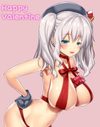 Rule 34 | 10s, 1girl, :d, alternate costume, asamura hiori, ass, beret, between breasts, blue eyes, blush, bow, box, breasts, collarbone, eyebrows, gift, gift between breasts, gift box, gloves, hair ornament, hand on own hip, happy valentine, hat, highres, kantai collection, kashima (kancolle), large breasts, long hair, looking at viewer, naked ribbon, naughty face, navel, open mouth, pink background, red bow, red ribbon, ribbon, silver hair, smile, solo, striped, twintails, upper body, valentine