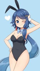 Rule 34 | 1girl, ;), absurdres, animal ears, arm up, bare shoulders, black leotard, blue background, blue bow, blue bowtie, blue eyes, blue hair, bow, bowtie, braid, breasts, commentary, cowboy shot, detached collar, earrings, hair ornament, hairclip, heart, highres, jewelry, leotard, long hair, looking at viewer, low twintails, medium breasts, one eye closed, playboy bunny, project gen2, rabbit ears, shiraha maru, side braid, simple background, single sidelock, smile, solo, tassel, tassel earrings, tsubasa aiba, twintails, very long hair, virtual youtuber, wrist cuffs