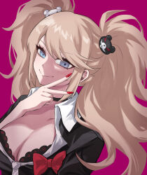 1girl :&gt; absurdres bear_hair_ornament black_bra black_choker black_shirt blue_eyes bow bra breasts choker cleavage collarbone commentary danganronpa:_trigger_happy_havoc danganronpa_(series) enoshima_junko hair_ornament highres hy_(fjvlg) large_breasts long_sleeves nail_polish red_bow red_nails shirt smile solo twintails underwear upper_body v