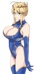 Rule 34 | 1girl, ahoge, aqua eyes, artoria pendragon (fate), artoria pendragon (lancer) (fate), bare shoulders, blue gloves, blue thighhighs, braid, breasts, cleavage, cleavage cutout, clothing cutout, crown, elbow gloves, fate/grand order, fate (series), gloves, heattech leotard, large breasts, leotard, looking at viewer, michihasu, simple background, smile, solo, thighhighs, turtleneck, white background