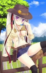 Rule 34 | 1girl, :p, absurdres, arm at side, arm support, belt, belt buckle, black thighhighs, blue skirt, blue sky, blush, boots, bra, bra pull, breasts, breasts out, brown footwear, brown hat, buckle, cameltoe, clothes pull, cloud, cloudy sky, cowboy, cowboy boots, cowboy hat, cowboy western, crop top, day, eyes visible through hair, fence, fingernails, forest, front-tie top, gangsta republica, grass, groin, gun, hair between eyes, hair ribbon, hand up, handgun, hat, highres, holster, knee boots, long fingernails, long hair, long sleeves, looking at viewer, medium breasts, midriff, miniskirt, miyasu risa, mountain, nature, navel, nipples, open clothes, open shirt, outdoors, panties, pantyshot, purple eyes, red ribbon, revolver, ribbon, rindou misogi, shirt, silver hair, sitting, skirt, sky, sleeves rolled up, smile, solo, thighhighs, tongue, tongue out, tree, twintails, underwear, undressing, very long hair, weapon, western, white panties, whitesoft, wooden fence, yellow shirt