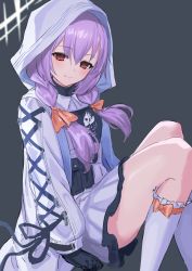 Rule 34 | 1girl, atsuko (blue archive), blue archive, blush, breasts, deca purio, halo, hood, hood up, hooded jacket, jacket, long hair, long sleeves, looking at viewer, purple hair, red eyes, small breasts, smile, solo, thighs, white jacket