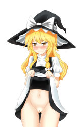 Rule 34 | 1girl, 3:, absurdres, blonde hair, blush, bow, braid, cleft of venus, clothes lift, cowboy shot, dress, dress lift, dripping, full-face blush, hair bow, hair over shoulder, hat, hat bow, highres, kirisame marisa, long hair, looking at viewer, navel, nervous smile, nharoi, nose blush, puffy short sleeves, puffy sleeves, pussy, pussy juice, short sleeves, single braid, skirt, skirt lift, smile, solo, tears, thighs, touhou, uncensored, witch hat, yellow eyes