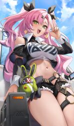 Rule 34 | 1girl, :d, absurdres, aoi 13, bare shoulders, black jacket, black ribbon, black shorts, blue sky, breasts, cloud, commentary request, cowboy shot, cutoffs, day, earrings, green eyes, hair ornament, hair ribbon, hairclip, hand up, heart, heart earrings, highres, jacket, jewelry, large breasts, long hair, long sleeves, looking at viewer, midriff, navel, nicole demara, open clothes, open jacket, open mouth, pink hair, ribbon, short shorts, shorts, sky, smile, solo, standing, stomach, strapless, thighs, tube top, two side up, very long hair, w, zenless zone zero