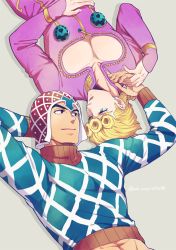 Rule 34 | 2boys, abs, argyle, argyle clothes, argyle sweater, blonde hair, blue eyes, braid, bug, cleavage cutout, clothing cutout, crop top, giorno giovanna, guido mista, haruko (chikadoh), holding hands, insect, jojo no kimyou na bouken, ladybug, looking at another, male focus, midriff, multiple boys, on ground, sweater, turtleneck, vento aureo