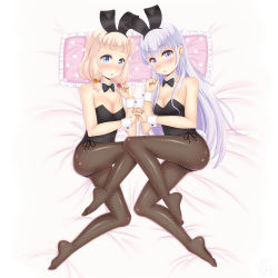 Rule 34 | 2girls, absurdres, animal ears, bed, black legwear, black leotard, black neckwear, blonde hair, blue eyes, bow, bowtie, commentary request, detached collar, fake animal ears, fishnet legwear, fishnets, hair down, highres, holding hands, leotard, long hair, looking at viewer, low twintails, lying, multiple girls, new game!, on side, pantyhose, pillow, playboy bunny, purple eyes, purple hair, rabbit ears, rabbit tail, sainohikari, sakura nene, strapless, strapless leotard, suzukaze aoba, tail, twintails, wrist cuffs