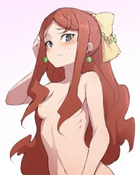 Rule 34 | 10s, 1girl, alternate hairstyle, black eyes, blush, breasts, earrings, hair over breasts, hair ribbon, hannah england, jewelry, little witch academia, long hair, looking at viewer, medium breasts, navel, nipples, nude, red hair, ribbon, sidelocks, simple background, sketch, solo, sweatdrop, upper body, waero, white background