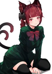 Rule 34 | 1girl, :3, absurdres, animal ear fluff, animal ears, arm support, black bow, black thighhighs, blunt bangs, blush, bow, bowtie, braid, breasts, cat ears, cat tail, closed mouth, commentary, dress, eyebrows hidden by hair, fingernails, full body, green dress, hair bow, hair intakes, highres, kaenbyou rin, kneeling, large breasts, leaning forward, long hair, multiple tails, nekomata, onion (onion and pi-natto), pointy ears, red bow, red bowtie, red eyes, red hair, simple background, solo, tail, thighhighs, touhou, tsurime, twin braids, two tails, v arms, white background