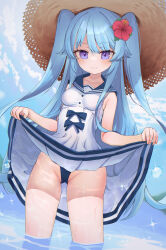 Rule 34 | 1girl, blue bow, blue hair, blue one-piece swimsuit, blue sailor collar, blush, bow, breasts, brown hat, closed mouth, clothes lift, collarbone, commission, dress, dress bow, dress lift, flower, groin, hair flower, hair ornament, hat, highres, lifting own clothes, looking at viewer, ocean, one-piece swimsuit, original, purple eyes, red flower, saebashi, sailor collar, sailor dress, skeb commission, small breasts, smile, solo, straw hat, swimsuit, swimsuit under clothes, two side up, wading, white dress