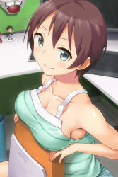 Rule 34 | 10s, 1girl, breast rest, breasts, brown hair, chair, cleavage, collarbone, desk, drawing tablet, female focus, figure, green eyes, hashi, highres, indoors, keyboard (computer), looking at viewer, medium breasts, monitor, new game!, no bra, shinoda hajime, short hair, sitting, sitting backwards, smile, solo, strap gap, tank top, trash can