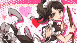 Rule 34 | 1girl, apron, back cutout, broom, brown eyes, brown hair, clothing cutout, finger to mouth, heart, highres, holding, holding broom, kawakami sadayo, looking at viewer, looking back, maid, maid apron, maid headdress, maitakepasuta, nail polish, persona, persona 5, red nails, short twintails, smile, solo, teeth, twintails, watch, wristwatch
