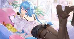 Rule 34 | 1girl, absurdres, ass, bed, bedroom, black pantyhose, blue hair, bra, braid, character request, clothes lift, cup, drink, feet, food, garter straps, highres, long hair, lying, mirror, on stomach, panties, pantyhose, pocky, purple eyes, room, shou a, skirt, skirt lift, snack, sweater, tablet pc, thigh strap, underwear, upskirt, virtual youtuber