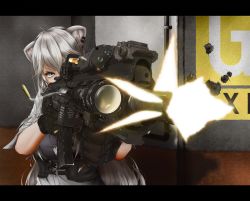 Rule 34 | 1girl, absurdres, ahoge, aiming, animal ears, assault rifle, black gloves, buttons, commentary, denim, dog tags, ear piercing, eotech, firing, foregrip, gloves, grey eyes, grey hair, grey shirt, gun, h&amp;k hk416, hair between eyes, highres, holding, holding weapon, hololive, jeans, letterboxed, lion ears, lion girl, long hair, pants, piercing, rifle, shell casing, shirt, shishiro botan, shishiro botan (button-down), sleeves rolled up, solo, tomii (tomii comet), unbuttoned, unbuttoned shirt, unbuttoned sleeves, upper body, virtual youtuber, weapon, white shirt