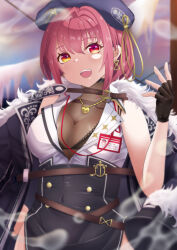 Rule 34 | 1girl, absurdres, black gloves, gloves, hat, heterochromia, highres, hololive, houshou marine, looking at viewer, nagimochi666, open mouth, red eyes, red hair, short hair, smile, solo, virtual youtuber, yellow eyes