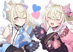 Rule 34 | 2girls, absurdres, animal ear fluff, animal hands, blonde hair, blue hair, blue heart, breasts, closed eyes, closed mouth, dog paws, fang, fuwawa abyssgard, fuwawa abyssgard (new year), highres, hololive, hololive english, japanese clothes, kimono, large breasts, long hair, mizuhasi, mococo abyssgard, mococo abyssgard (new year), multicolored hair, multiple girls, official alternate costume, one eye closed, open mouth, pink eyes, pink hair, ponytail, short hair, siblings, sisters, sleeveless, sleeveless kimono, smile, streaked hair, twins, twintails, virtual youtuber