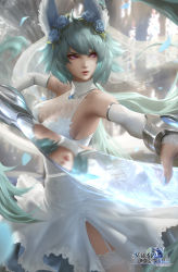 Rule 34 | 1girl, animal ears, aqua hair, astral chronicles, blurry, blurry background, breasts, bridal gauntlets, closed mouth, commentary, commission, dress, english commentary, facing viewer, flower, hair flower, hair ornament, highres, holding, holding sword, holding weapon, indoors, lips, long hair, looking to the side, medium breasts, nail polish, nyx (astral chronicles), official art, purple eyes, raikoart, reflection, see-through, sleeveless, sleeveless dress, solo, sword, thighhighs, weapon, wedding dress, white dress, white thighhighs