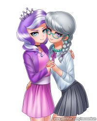 Rule 34 | 2girls, child, clothes, diamond tiara, ear piercing, female focus, jewelry, looking at viewer, multiple girls, my little pony, necklace, pearl necklace, piercing, racoon-kun, silver spoon, simple background, skirt, standing, white background