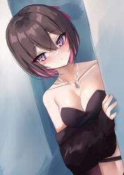 Rule 34 | 1girl, absurdres, azki (hololive), bare shoulders, black dress, black hair, black jacket, blush, breasts, collarbone, colored inner hair, dress, facial mark, hair between eyes, hair ribbon, highres, hololive, jacket, jewelry, looking at viewer, medium breasts, multicolored hair, necklace, nose blush, off shoulder, open clothes, open jacket, pink hair, purple eyes, red ribbon, ribbon, rifufu, short hair, solo, strapless, strapless dress, virtual youtuber