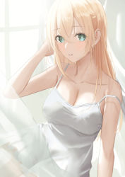 Rule 34 | 1girl, alternate breast size, arm up, bare arms, bare shoulders, blonde hair, blush, breasts, cleavage, collarbone, curtains, day, dress, green eyes, hand in own hair, haro art, hololive, kazama iroha, large breasts, long hair, looking at viewer, parted lips, sitting, smile, solo, strap slip, sundress, sunlight, virtual youtuber, white dress, window