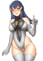 Rule 34 | 1girl, adapted costume, aged up, alternate breast size, bare shoulders, blue eyes, blue hair, blush, breasts, cameltoe, cleft of venus, creatures (company), curvy, dawn (pokemon), deareditor, elbow gloves, game freak, gloves, gluteal fold, grey gloves, grey leotard, grey thighhighs, hair ornament, highleg, highleg leotard, highres, impossible clothes, large breasts, leotard, lip biting, long hair, looking at viewer, matching hair/eyes, nintendo, pokemon, pokemon dppt, simple background, smile, solo, team galactic uniform, thigh gap, thighhighs, thong leotard, white background, wide hips